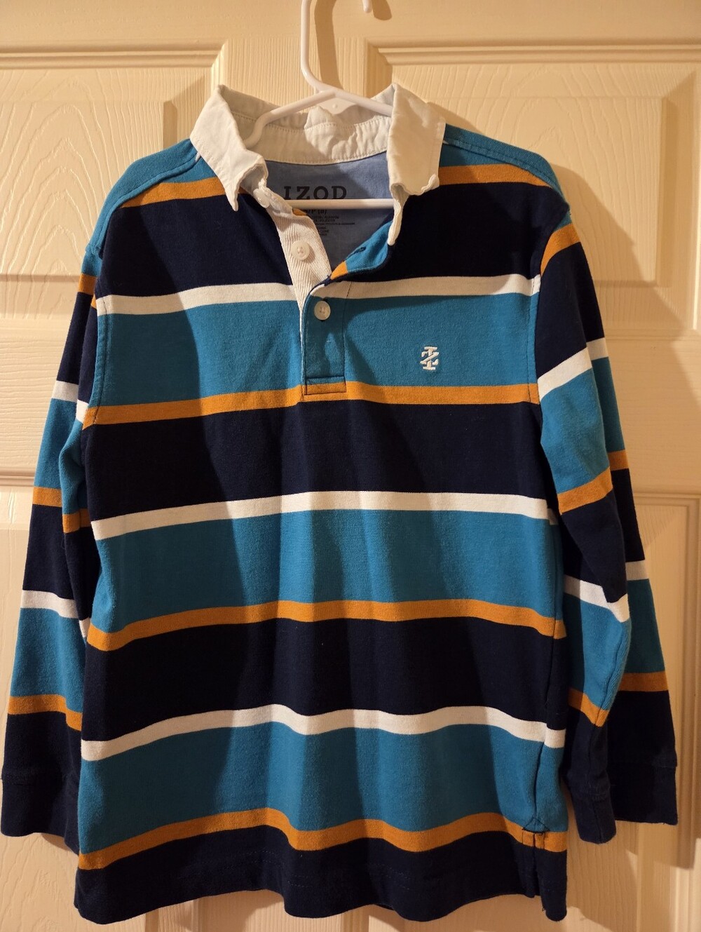 Izod Boys' Teal, Navy & Gold Striped Rugby Polo